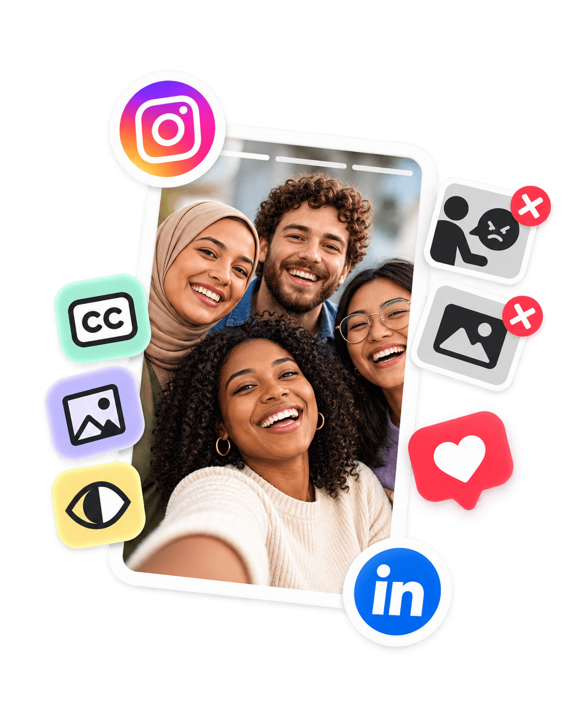 Selfie de quatre personnes souriantes dans un cadre de story, entouré d'icônes de réseaux sociaux et d'accessibilité : sous-titres, texte alternatif, contraste